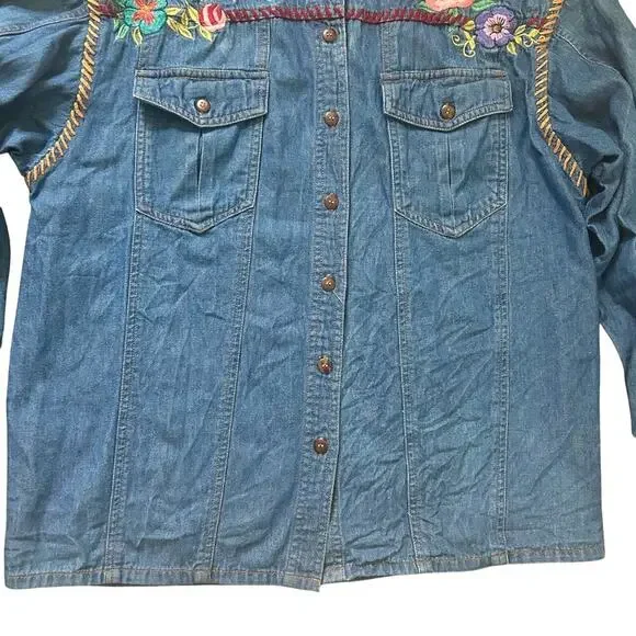 90s Vintage Oversized Western Denim Embroidered Flowers Cowgirl Cottagecore SM - Picture 7 of 10